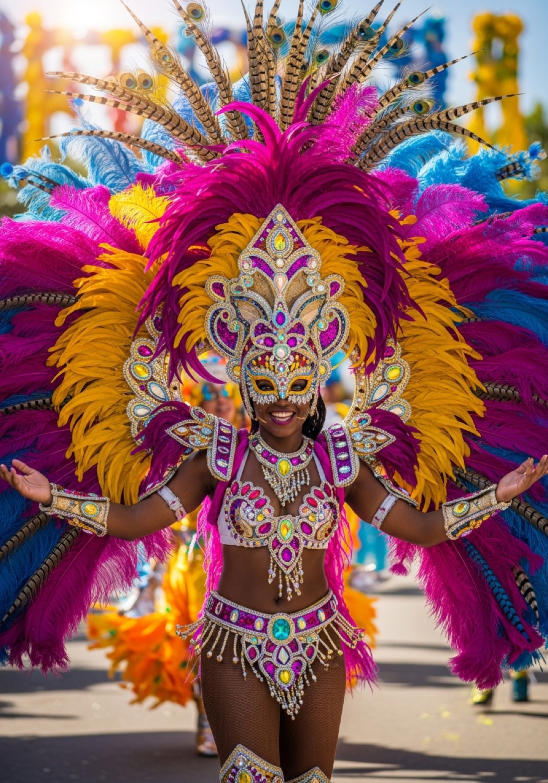 Saint Lucia carnival masquerader in vibrant feathered costume