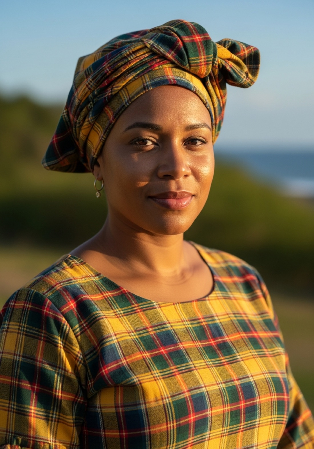 Saint Lucian woman in traditional madras dress and headtie